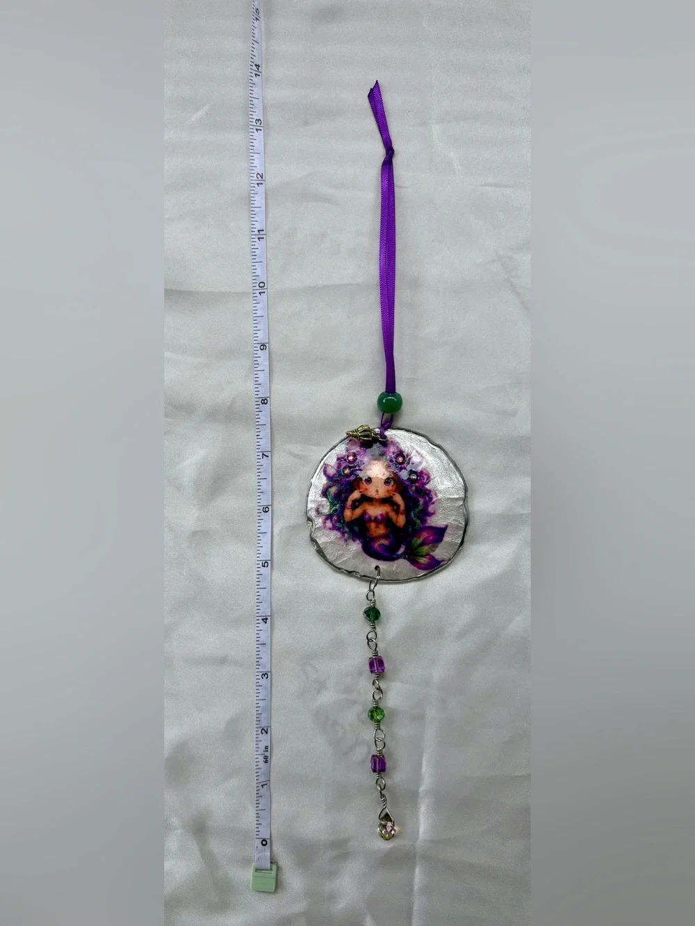 Purple & Green Decoupage Mermaid Sand Dollar Crystal Sun Catcher